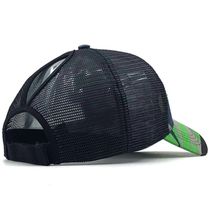 Macro view of mesh baseball cap with high ponytail hole and adjustable velcro strap
