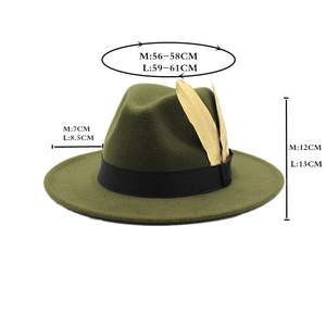 Detailed view of dark olive fedora hat with golden feathers and size specifications