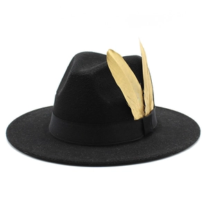 Classic black wool fedora hat with wide straight brim and luxury golden feathers