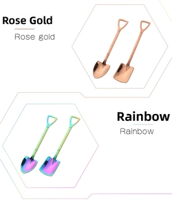 Detail view of shovel-shaped stainless steel spoons in rose gold and rainbow finishes