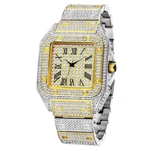 Luxury men's square quartz watch with iced-out diamonds and two-tone steel band