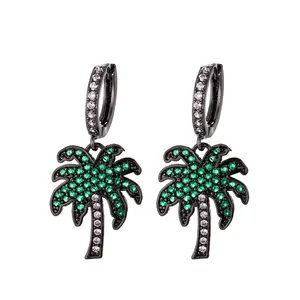 Tropical palm tree drop earrings with green and white zircons on black plating