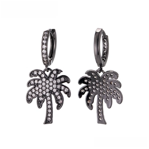 Macro view of gunblack palm tree earrings with clear zircon pave setting and metal details
