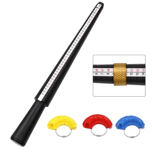 Ring sizer tool set with black measuring mandrel and colorful sizing gauges on white background