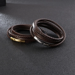 Brown multilayer braided leather bracelet for men with gold and silver magnetic clasps