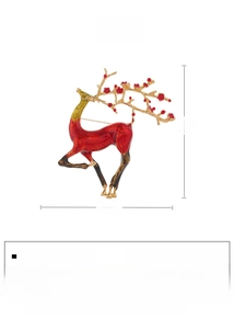 Detail of red enamel elk brooch with gold antlers and dimensions showing 75mm by 65mm