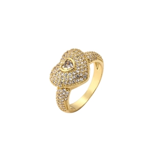 Luxury gold-plated heart ring with micro-paved zircons and center stone on white background