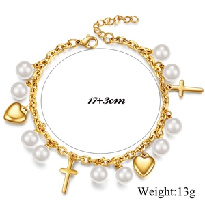Gold stainless steel bracelet with 13mm cross, heart charms and white pearls