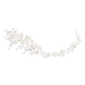 Detail of bridal hair vine with white faux pearls and crystals on silver wire