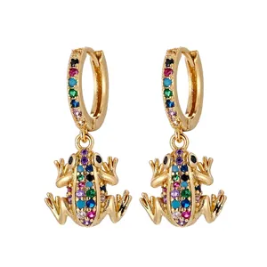Golden frog huggie earrings with colorful micro-pave crystals for women