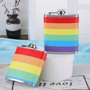 Rainbow striped 6oz stainless steel hip flask with secure hinged screw cap design