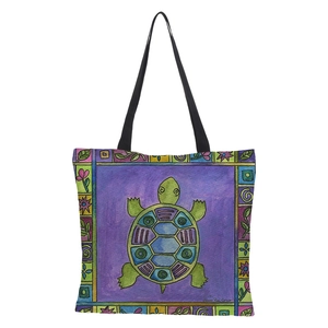 Detailed close-up of a linen tote bag featuring a vibrant 3D sea turtle illustration