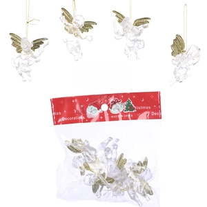 Set of 4 clear Christmas angel ornaments with gold wings and hanging strings