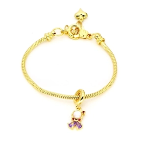Elegant gold snake chain bracelet with colorful zircon princess charms on white background