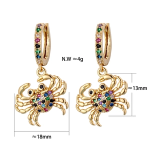 Detailed macro view of crab earrings with colorful zircons and precise size measurements