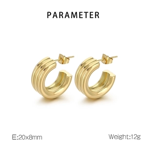 Detail view of gold C-shape hoop earrings with size parameters 20x8mm and 12g weight