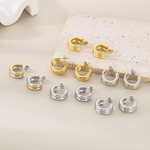 French style C-shaped stainless steel triple hoop earrings in gold and silver finish