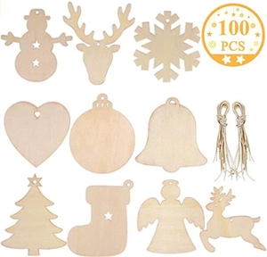 Detailed set of 100 assorted wooden Christmas ornaments with natural jute twine strings