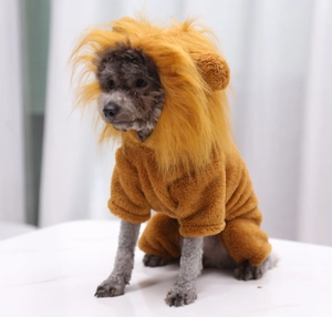 Detailed plush lion costume for dogs and cats in golden yellow with realistic mane texture