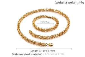Detail of gold Byzantine stainless steel necklace and bracelet set with size specifications