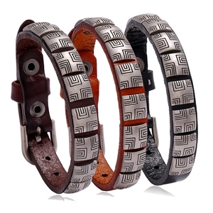 Punk Vintage Cowhide Leather Bracelet Men Retro Adjustable Strap Wristband With Geometric Pattern Alloy Metal Plate