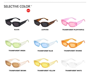 Grid view of retro rectangular sunglasses in black, leopard, and vibrant transparent colors