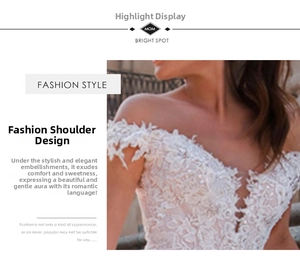 Detailed view of elegant off-shoulder floral lace and V-neckline of a white wedding dress