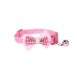 Pink plaid bow cat collar with adjustable nylon strap and matching metal bell