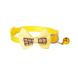 Adjustable yellow plaid bow pet collar with golden bell and metal D-ring for cats and dogs