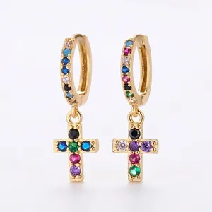 Gold hoop earrings featuring cross pendants set with vibrant multi-colored zirconia stones