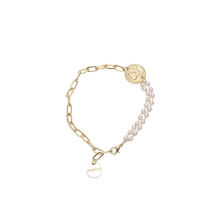 Asymmetric gold chain bracelet with white pearls and vintage coin charm for women