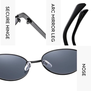 Detail view of oval sunglasses featuring reinforced hinges, curved legs, and nose pads