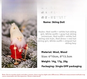 Detailed specs of wood ski dolls with knitted red sweaters for Christmas tree decor