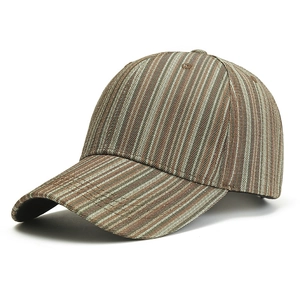 Classic striped baseball cap in brown and beige colors with a pre-curved brim and six-panels