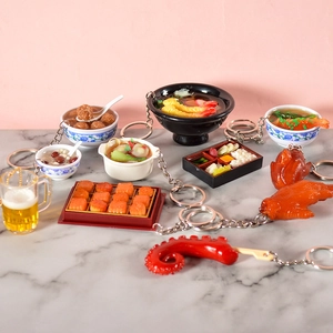 Realistic PVC food keychains set featuring noodles, chicken feet, and beer models