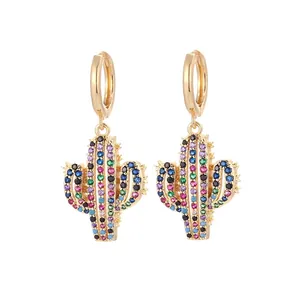 Fashionable gold-plated cactus hoop earrings featuring vibrant multi-colored zircon stones