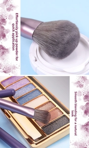 Detail of soft purple makeup brushes showing dense bristles for even powder blending
