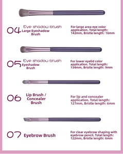 Detail view of 4 purple makeup brushes including eyeshadow, lip and eyebrow brushes
