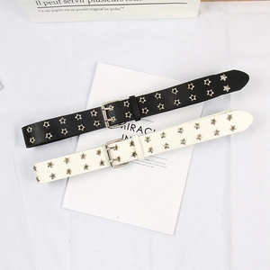 Punk style star cutout double-row belts in black and white faux leather with silver buckles