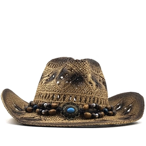 Cappello da cowboy in paglia marrone con perline turchesi per spiaggia e protezione solare