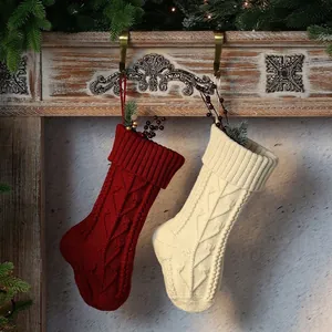 Knitted Christmas Stocking Berry Branch Cable Pattern Xmas Gift Candy Bag Fireplace Hanging Holiday Decoration