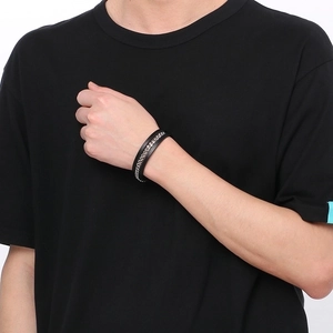 Men's black microfiber leather braided bracelet with silver stainless steel chain detail