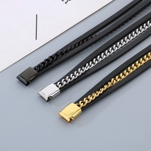 Three-layer braided leather bracelet with stainless steel magnetic clasps in various metal tones