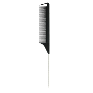 Professional black tail comb with plastic teeth and fine metal handle for hair styling