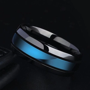 Classic black and blue tungsten steel ring for men with a flat cut dual-tone design