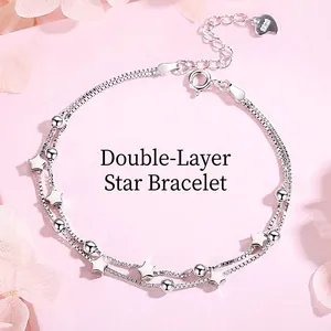 Double Layer Star Bracelet 925 Sterling Silver Tiny Beads Simple Dainty Elegant Jewelry Gift For Women Girls