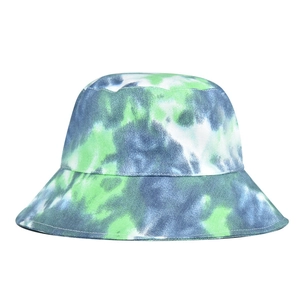 Close-up of tie-dye bucket hat with green and blue artistic texture and canvas stitching