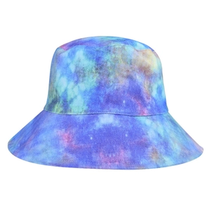 Tie-dye pattern bucket hat for women in vibrant blue purple green and yellow starry design