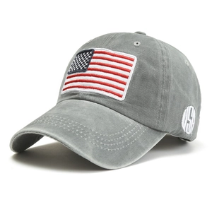 Grey washed cotton baseball cap with American flag embroidery and USA side patch detail