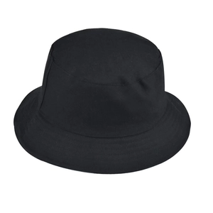 Detailed top view of a classic black corduroy bucket hat on a white background